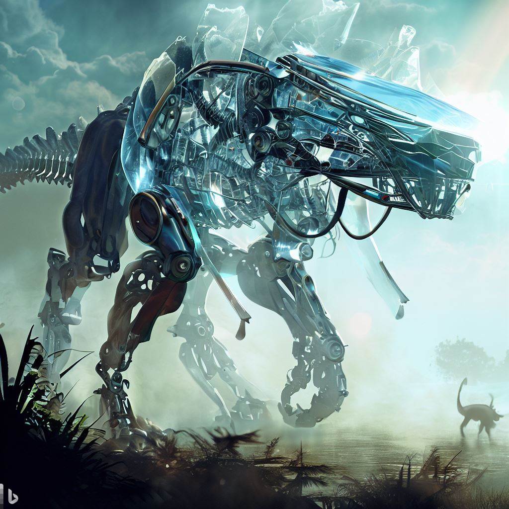 futuristic dinosaur mech with glass body being hunted, shatter, fauna in foreground, detailed smoke and clouds, lens flare, realistic, h.r. giger style 11.jpg